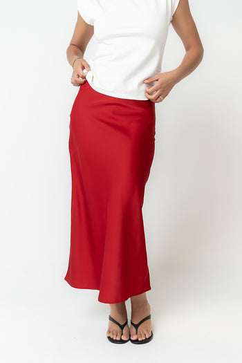 Tory Satin Maxi Skirt in Red-Brown