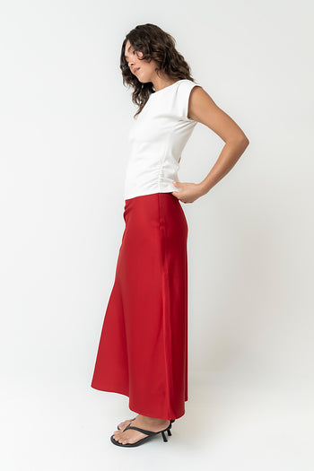 Tory Satin Maxi Skirt in Red-Brown