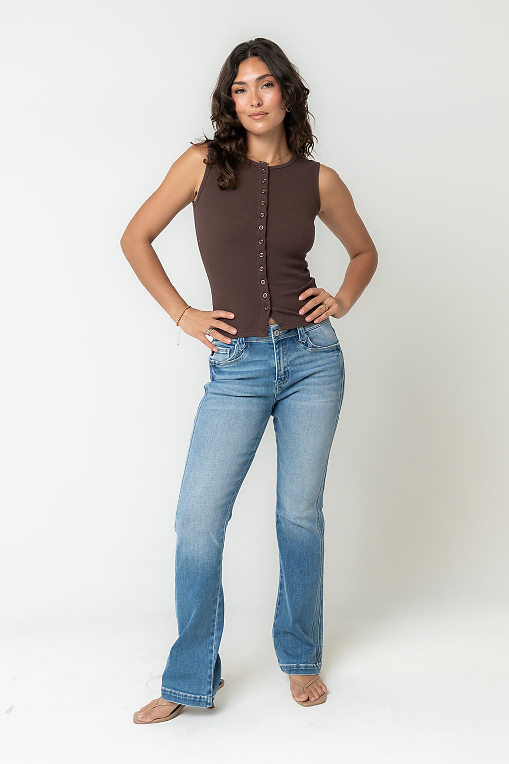 Lucas Button Up Tank Top in Brown