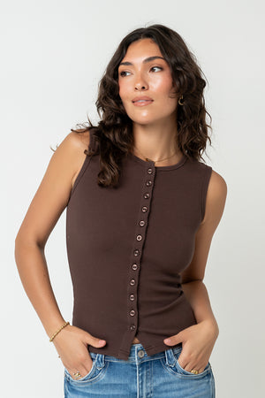 Lucas Button Up Tank Top in Brown