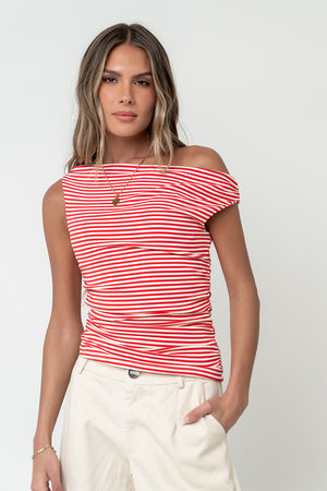 Michelle Boatneck Striped Top in Red