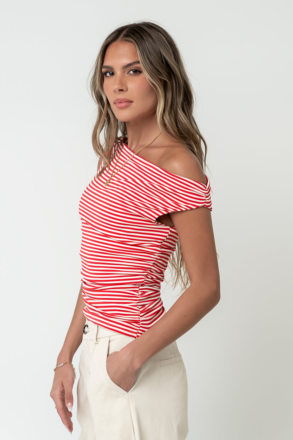 Michelle Boatneck Striped Top in Red