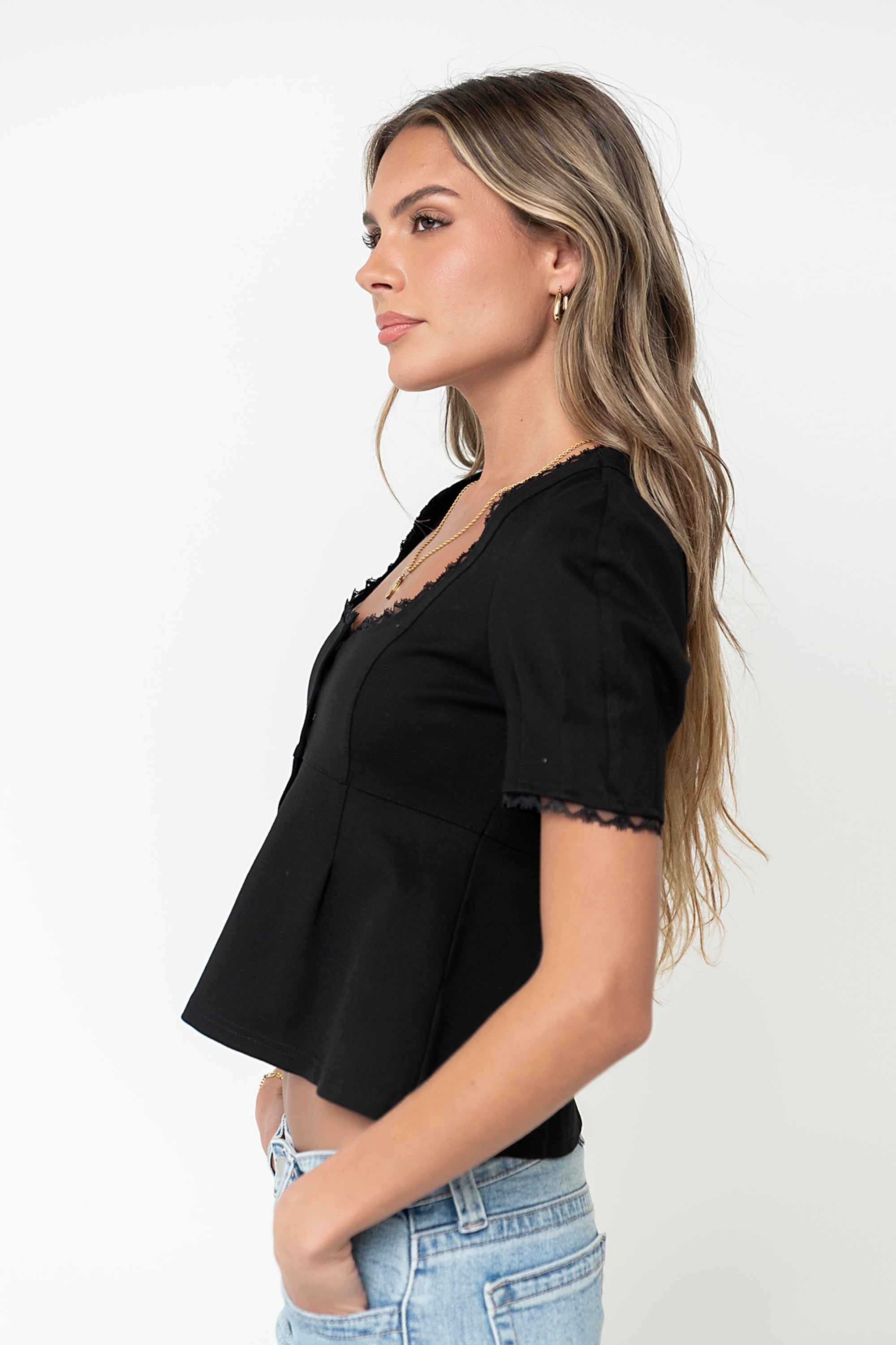 トップス ette peplum tops Leticia Peplum Top in Black
