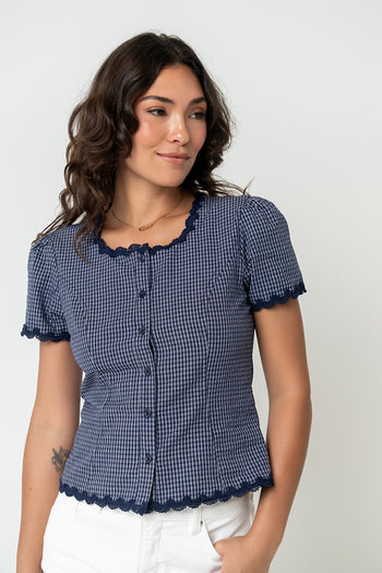 Serra Lace Trim Blouse in Navy
