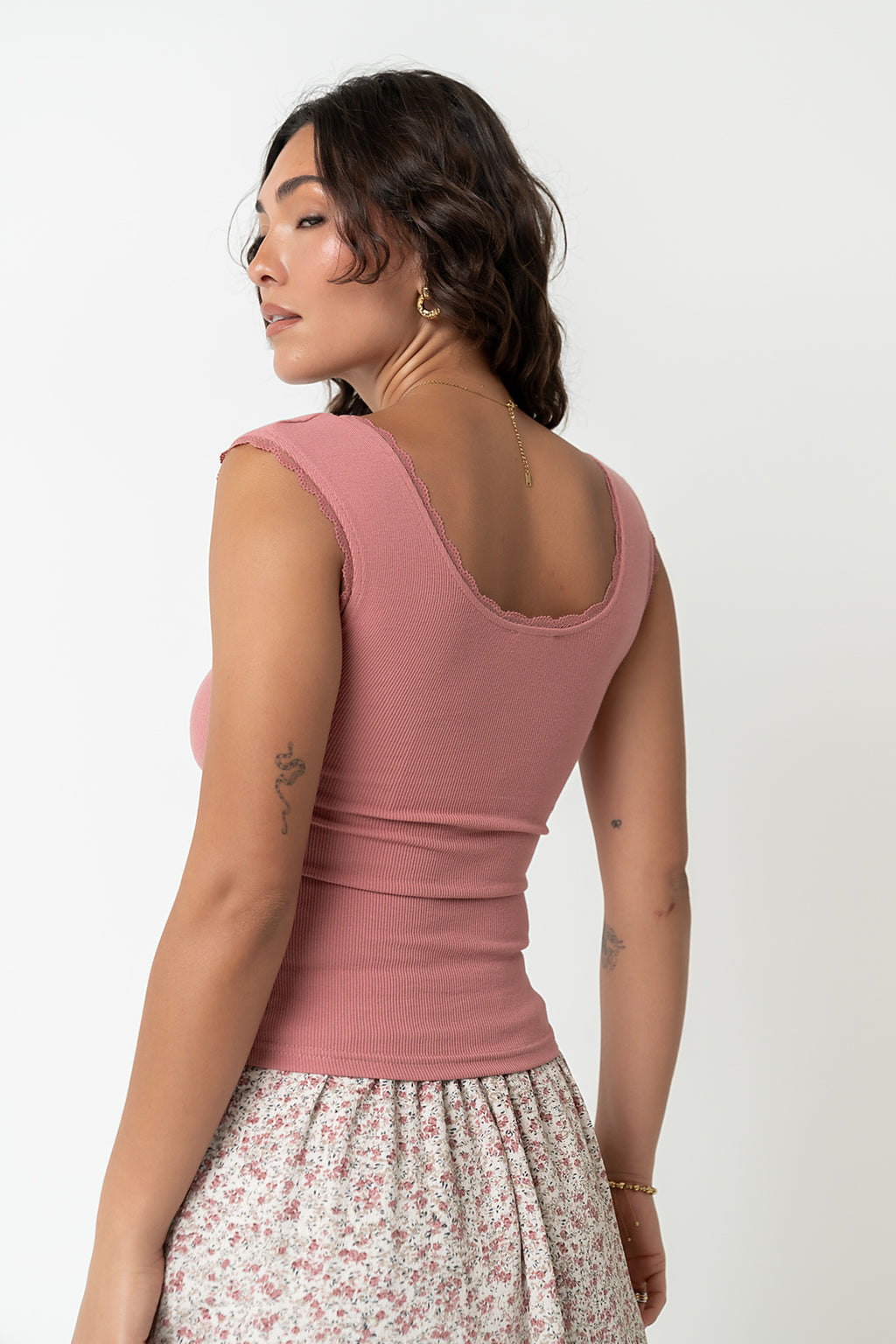 Sawyer Lace Trim Tank Top in Pink