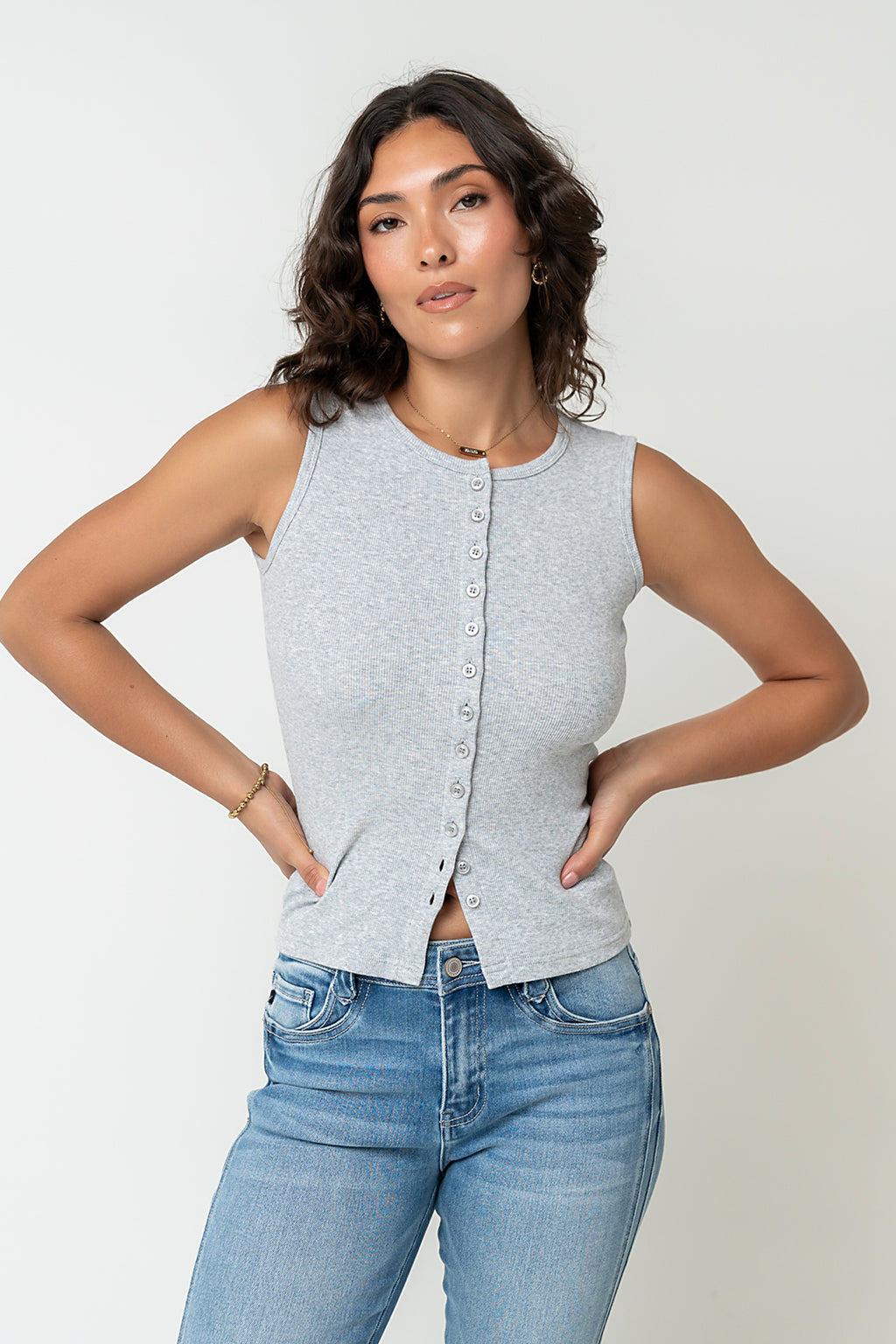 Lucas Button Up Tank Top in Grey