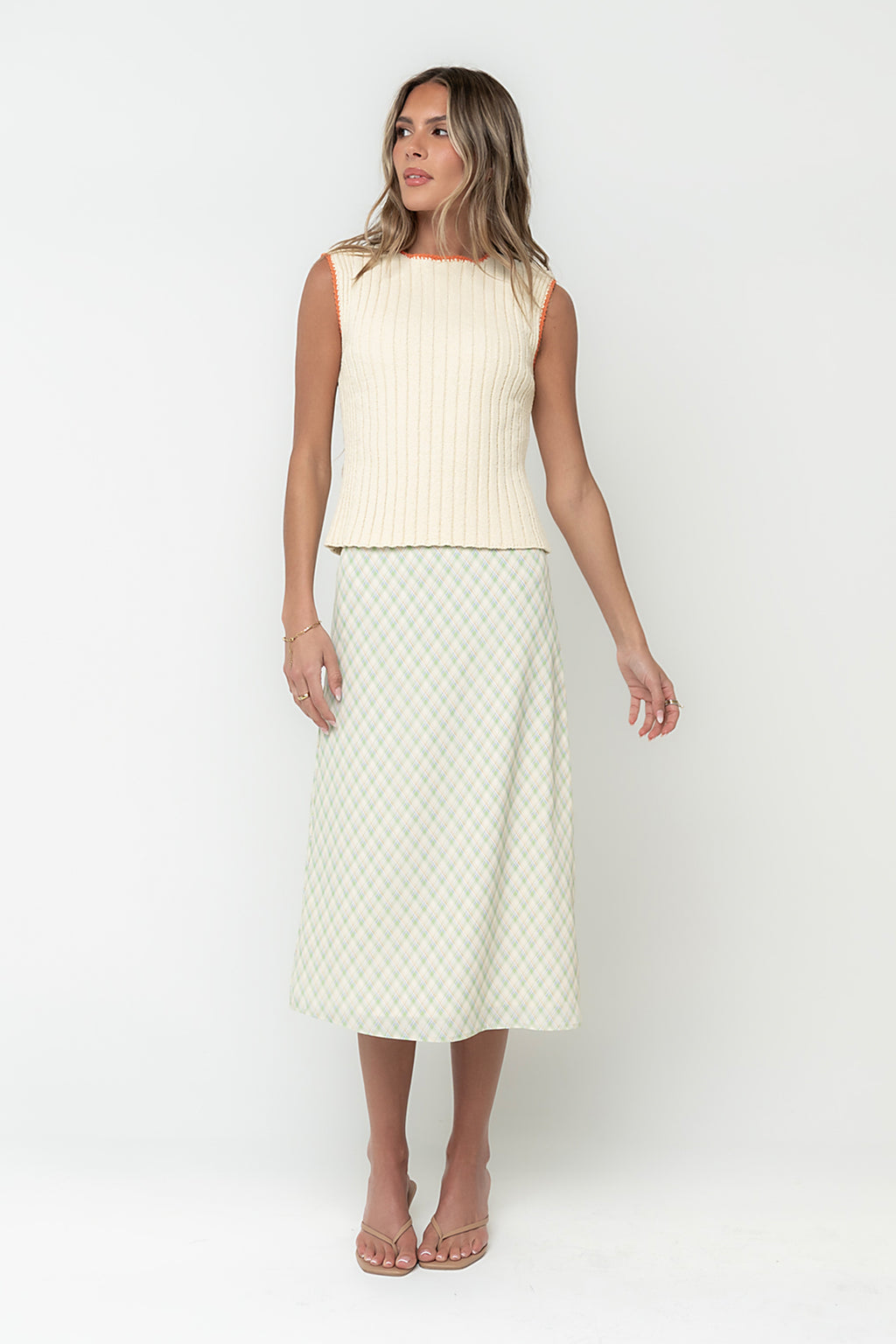 Gentry Contrast Ribbed Tank in Beige
