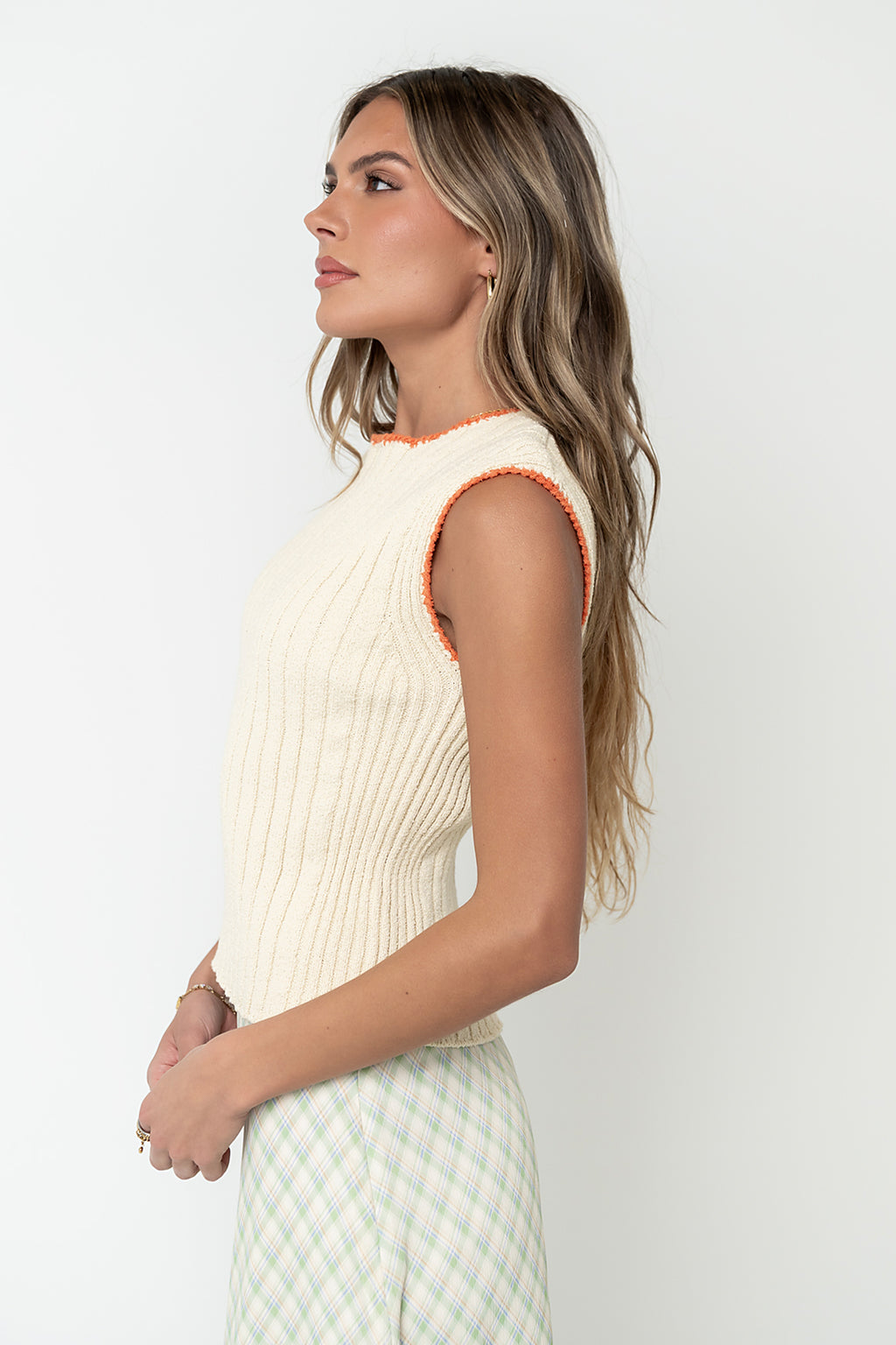 Gentry Contrast Ribbed Tank in Beige