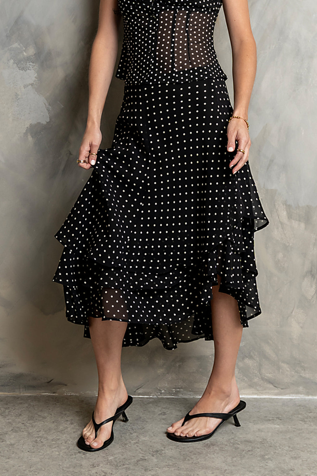Luna Polka Dot Midi Skirt in Black