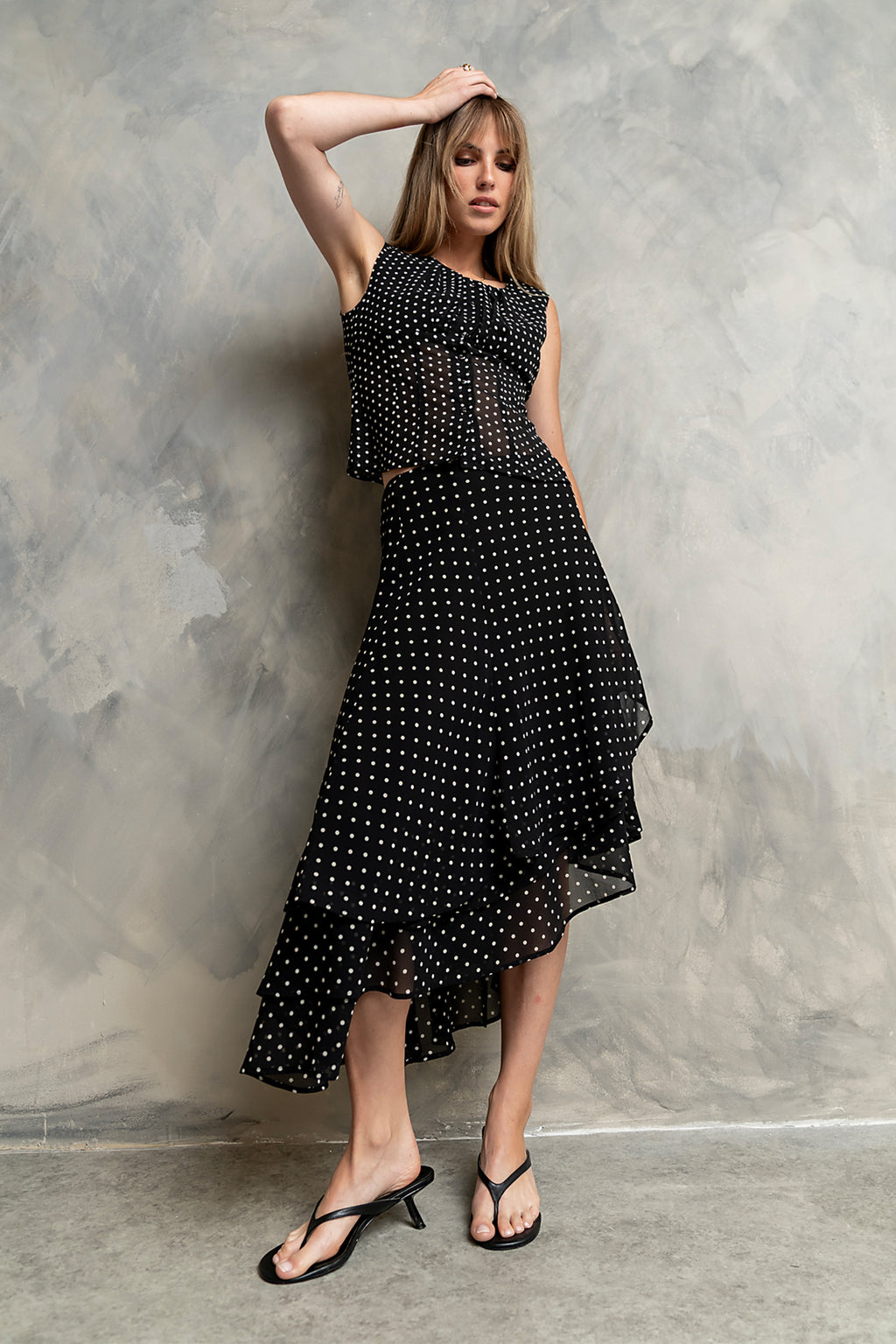 Luna Polka Dot Midi Skirt in Black