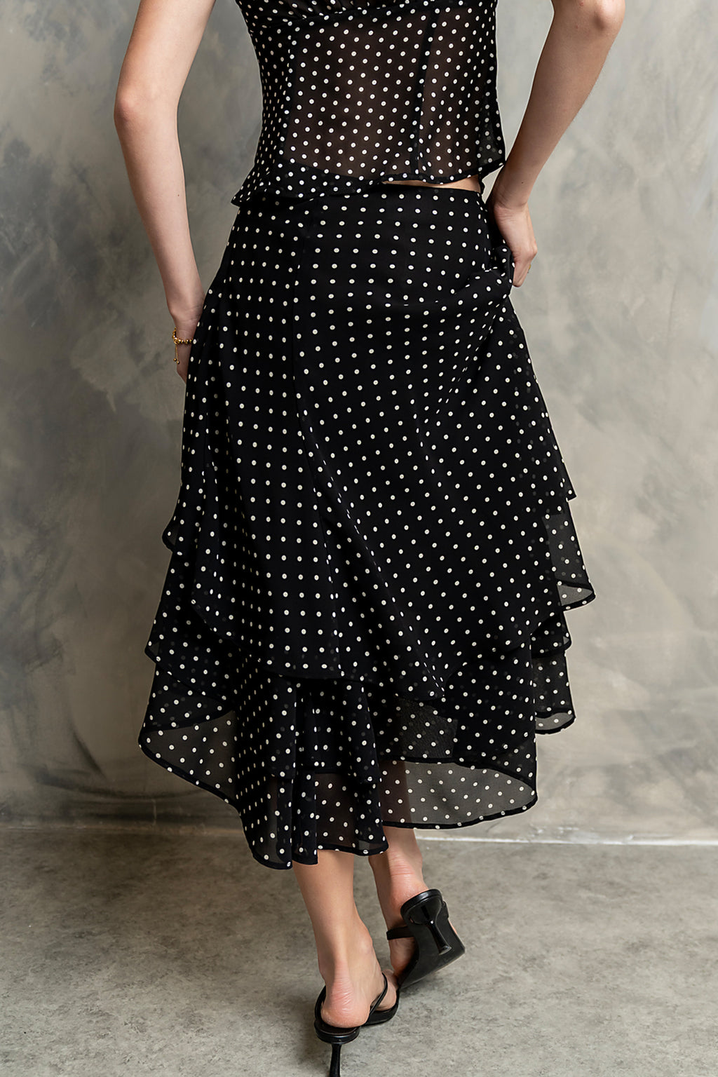 Luna Polka Dot Midi Skirt in Black