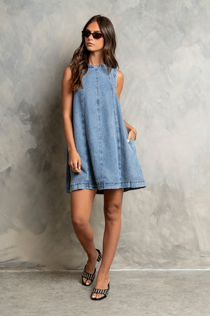 denim mini dress sleeveless Simkhai Eleodra Sleeveless Denim Zip Mini Dress