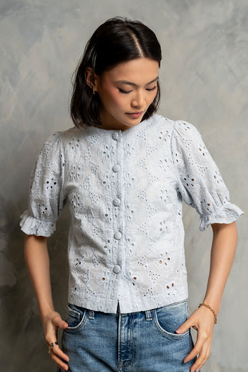 Cassidy Embroidered Button Up in Blue