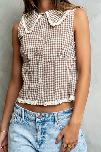 Nelly Gingham Collared Tank in Brown