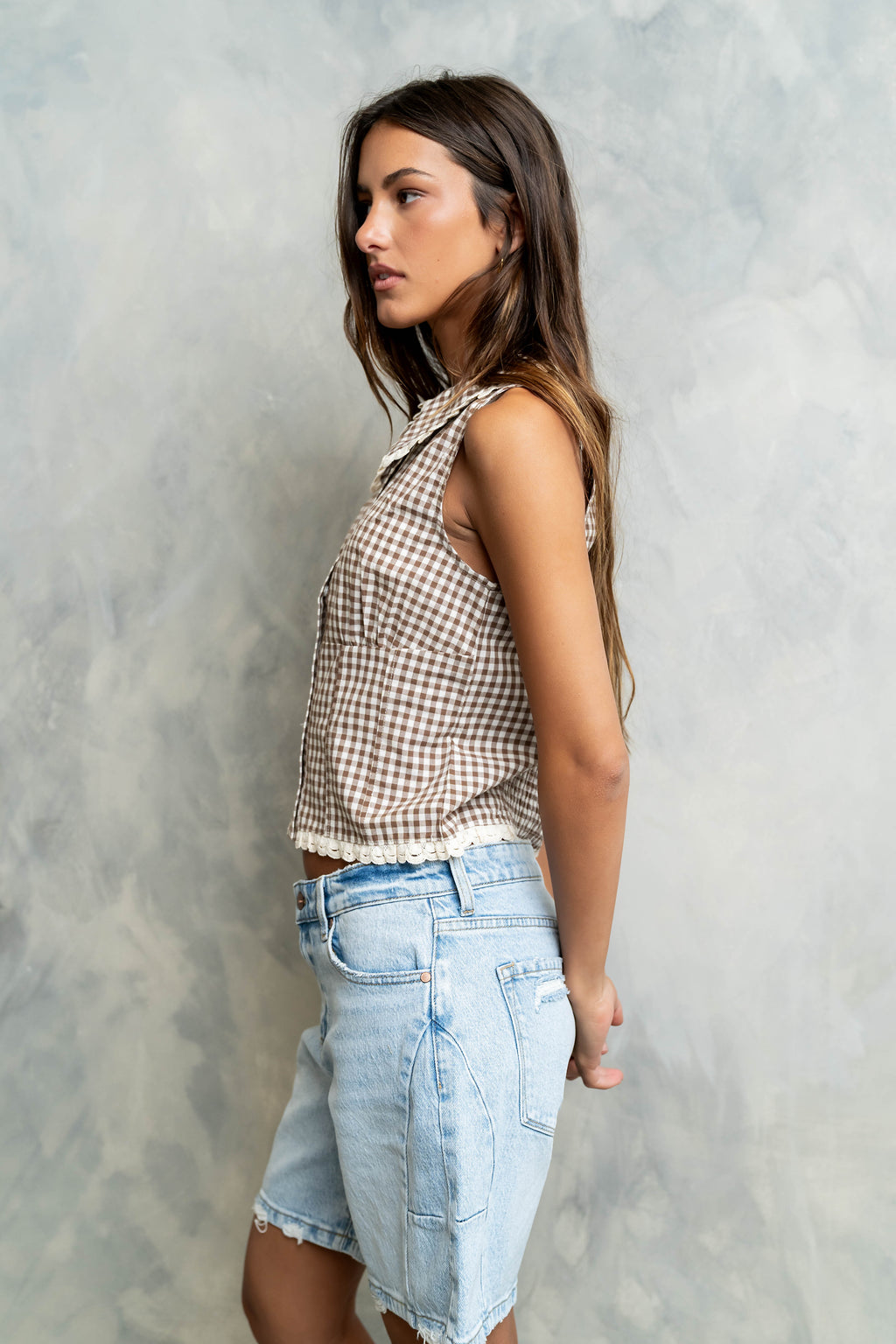 Nelly Gingham Collared Tank in Brown