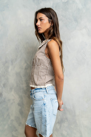 Nelly Gingham Collared Tank in Brown