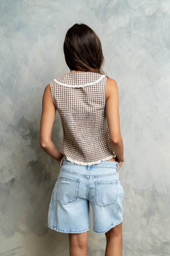 Nelly Gingham Collared Tank in Brown