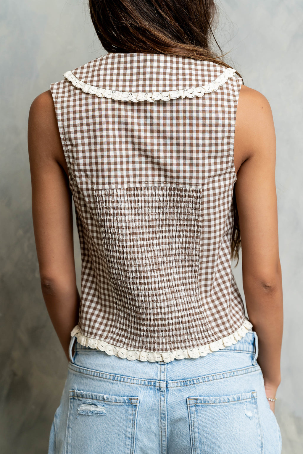 Nelly Gingham Collared Tank in Brown