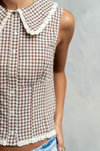 Nelly Gingham Collared Tank in Brown