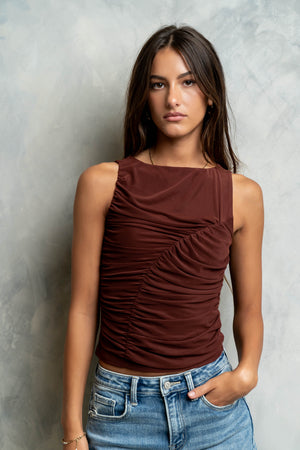 Melly Diagonal Ruched Top in Brown