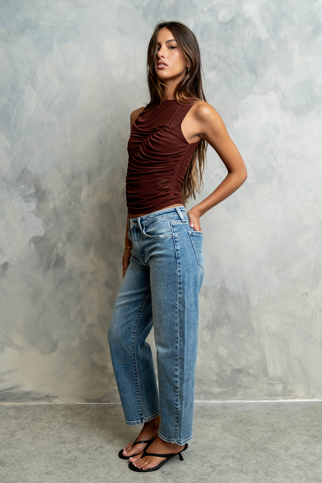 Melly Diagonal Ruched Top in Brown