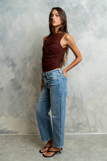 Melly Diagonal Ruched Top in Brown