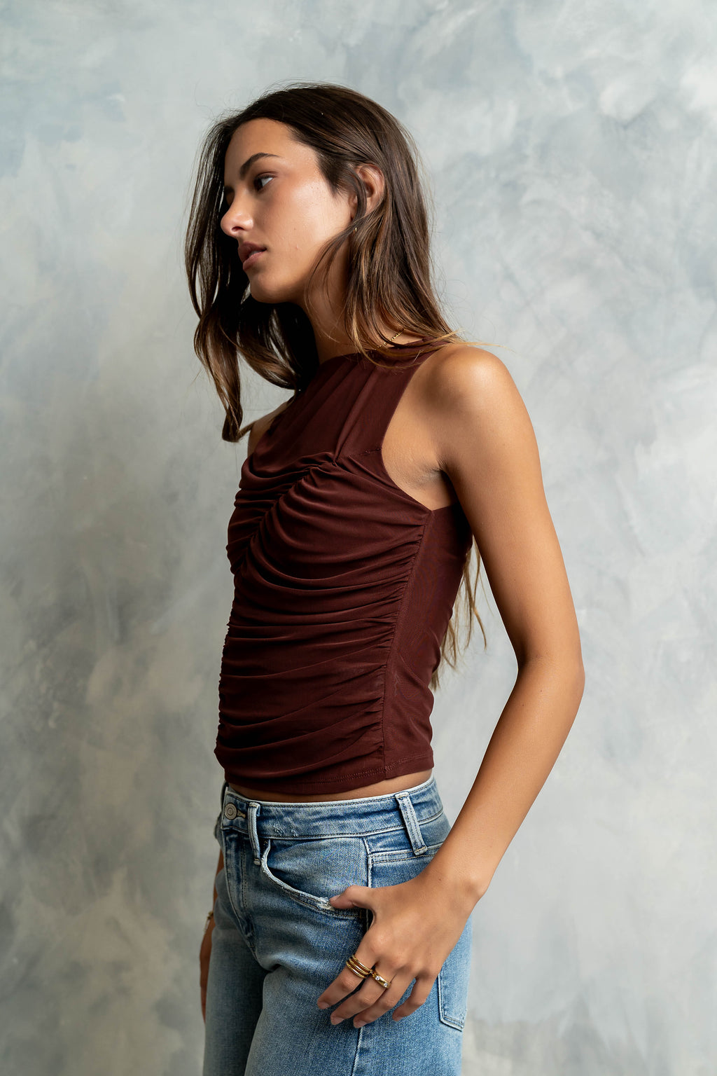 Melly Diagonal Ruched Top in Brown