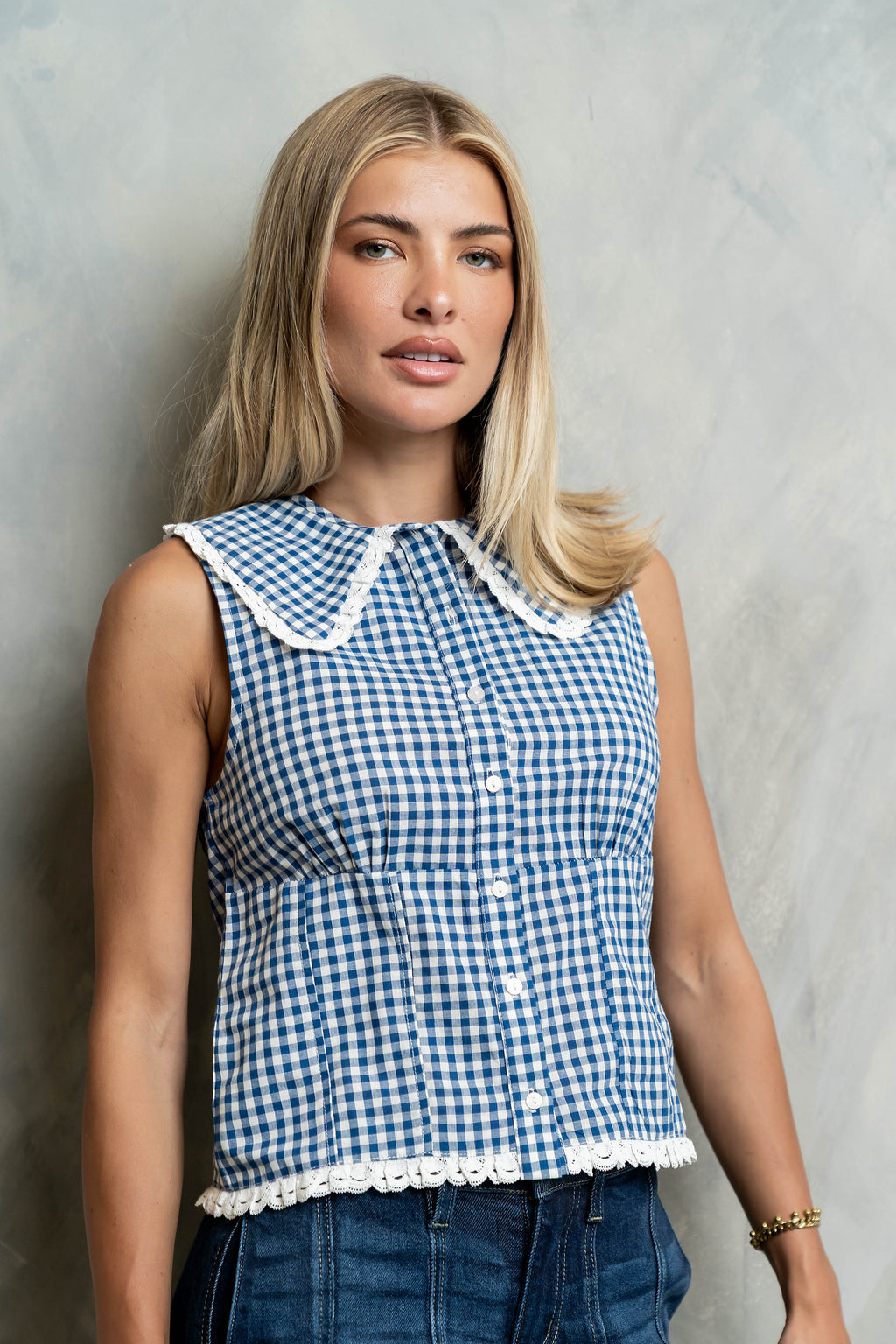 Nelly Gingham Collared Tank in Blue