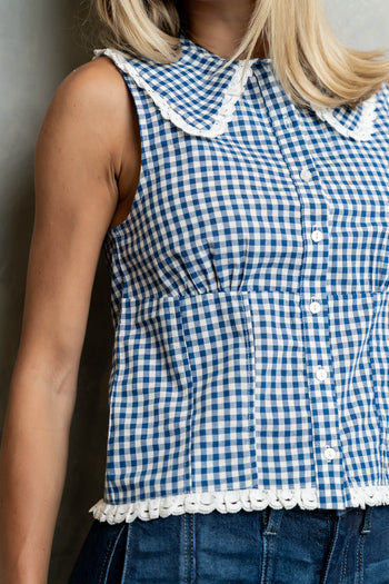 Nelly Gingham Collared Tank in Blue