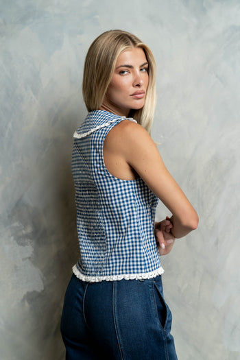 Nelly Gingham Collared Tank in Blue