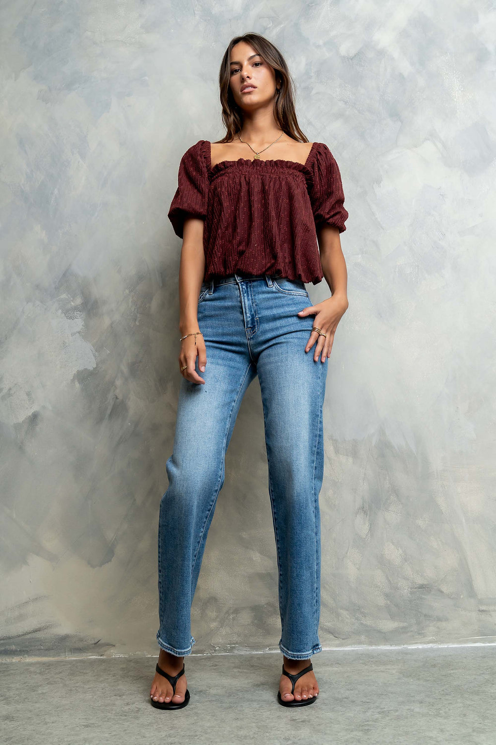 Renna Textured Bubble Top in Burgundy