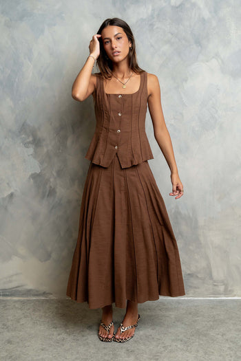 Cadence Pleated Midi Skirt in Brown