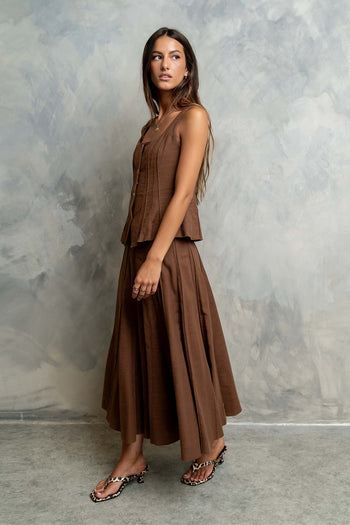Cadence Pleated Midi Skirt in Brown