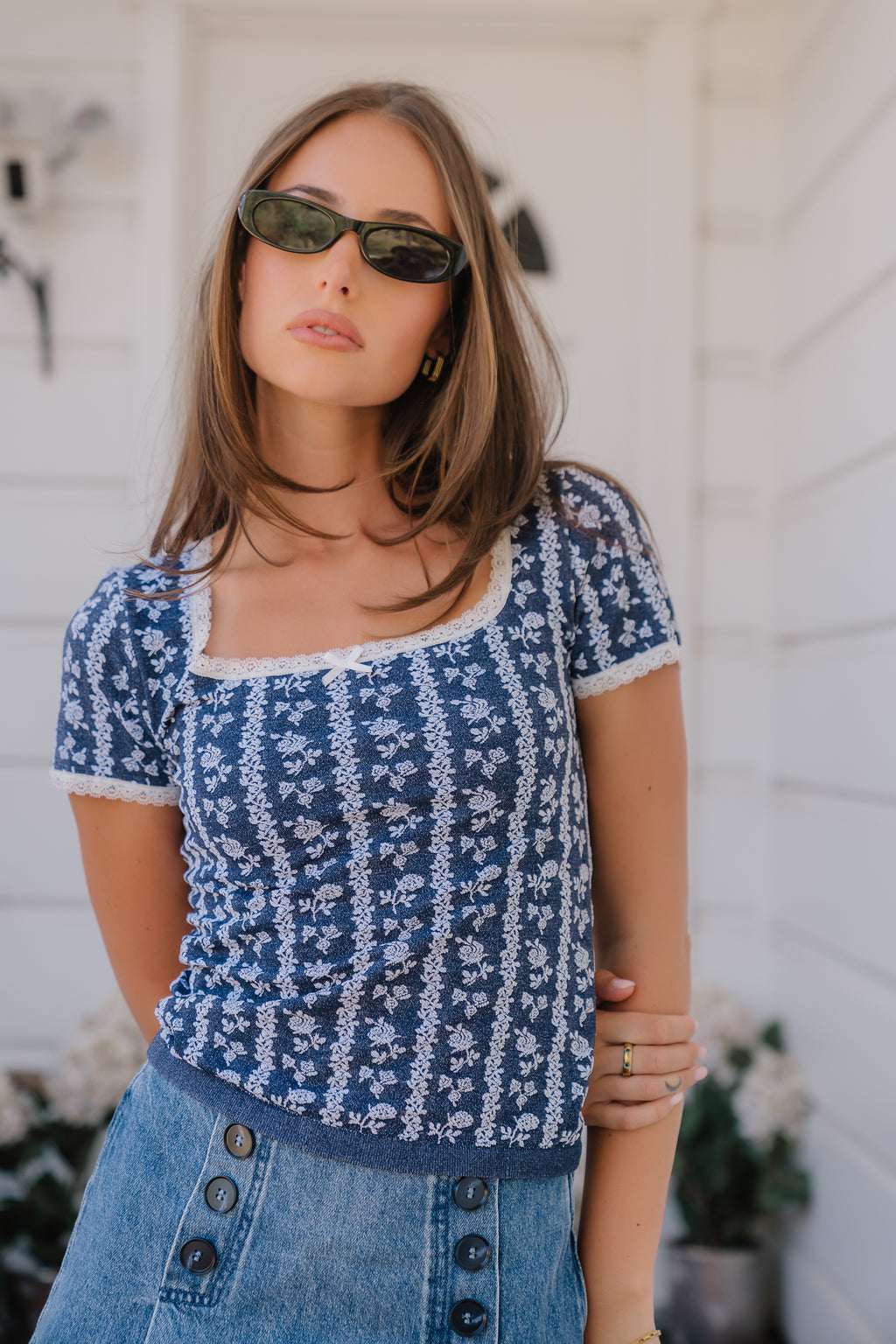 Juliet Floral Seamless Top in Navy