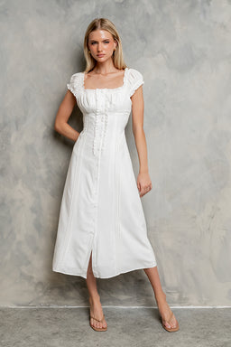 white casual dress with sleeves Iopqo White Dress Women Women's 2023 Summer Casual Flutter Short Sleeve V Neck Smocked Elastic Waist Tiered Midi Dress Casual Dresses For Women Summer