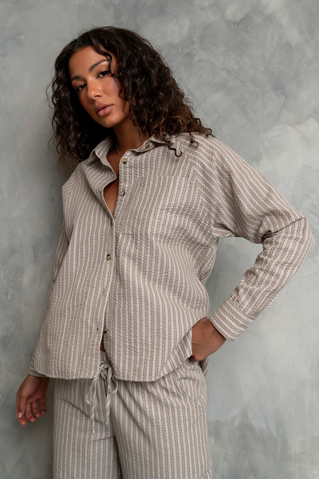 Conner Striped Button Down Top in Taupe