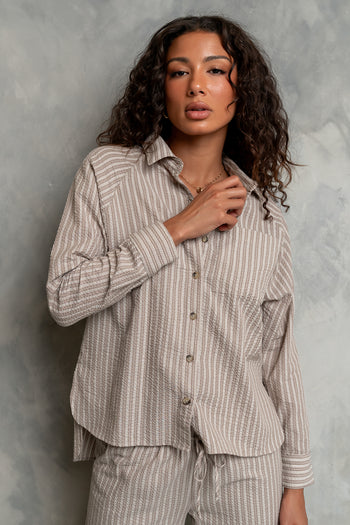 Conner Striped Button Down Top in Taupe