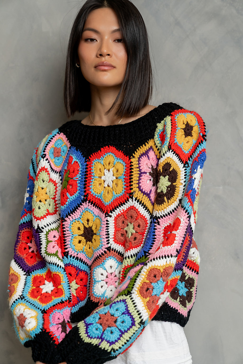 Anisa Crochet Sweater in Black
