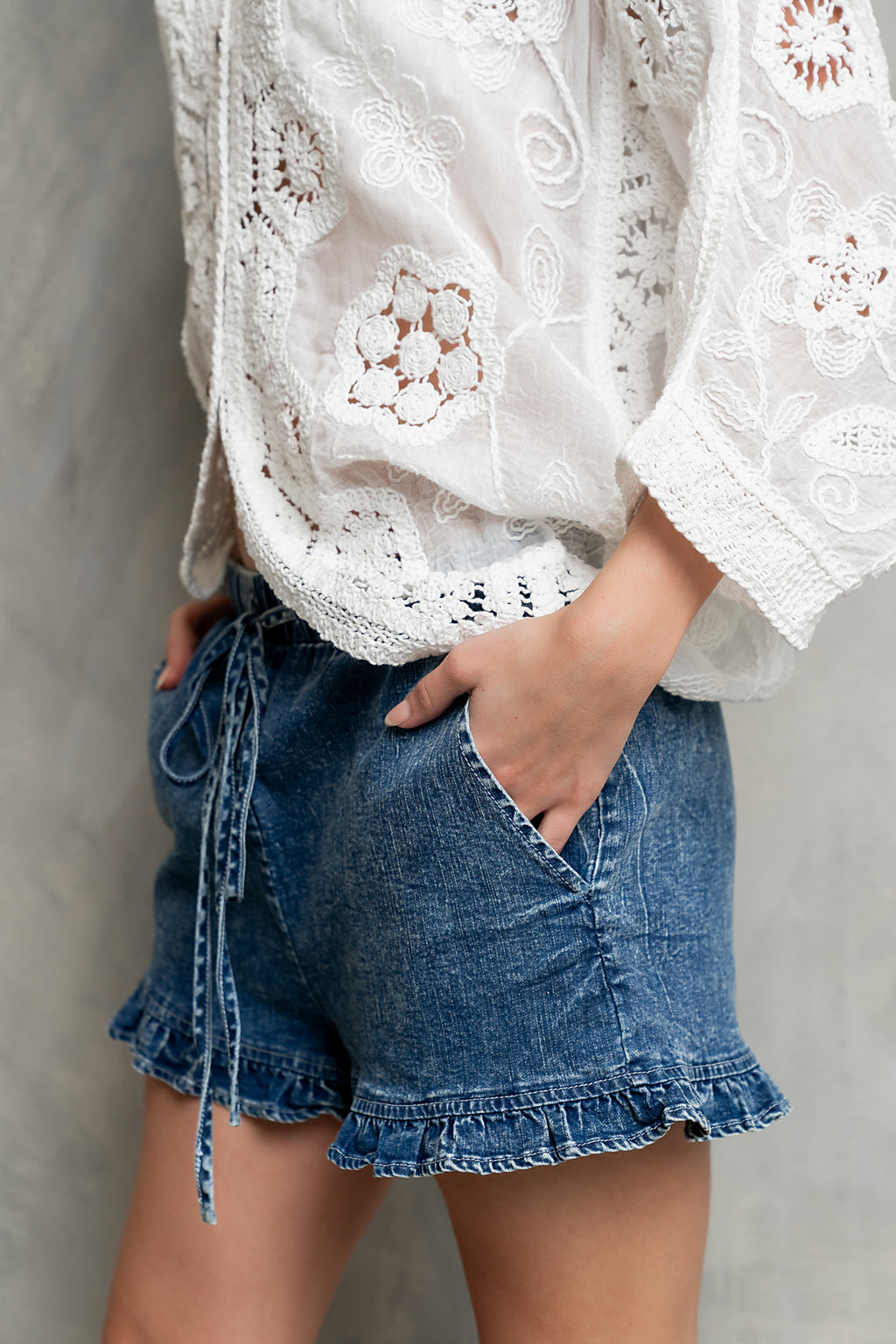 Kasie Ruffle Denim Shorts