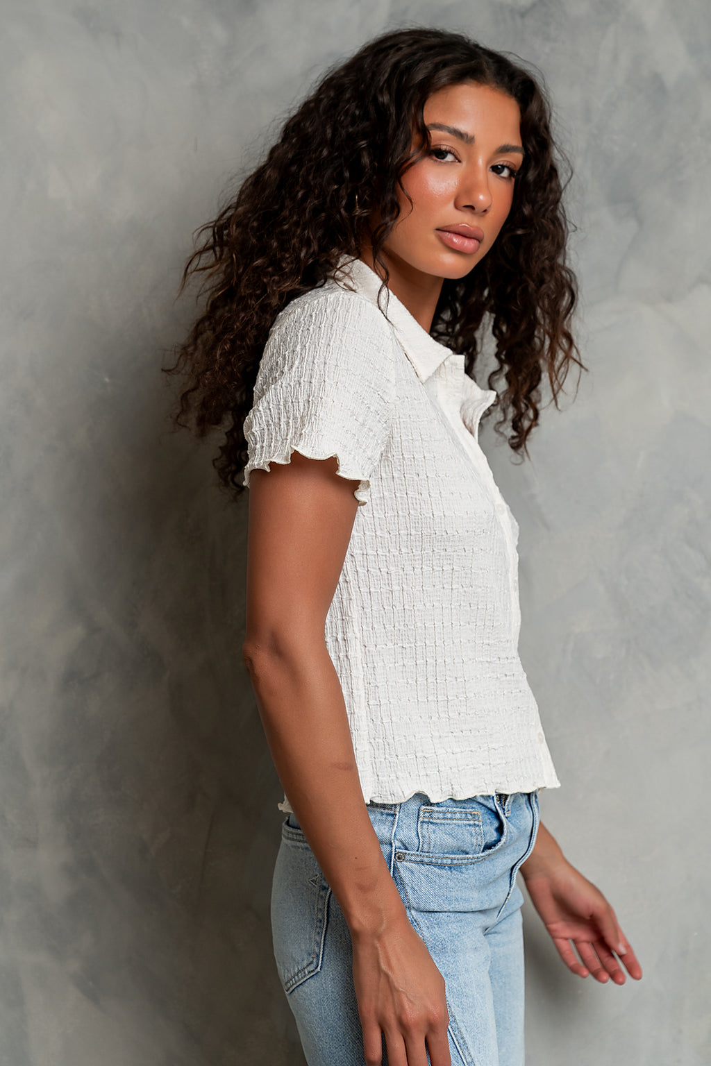 Velma Textured Button Up in Cream