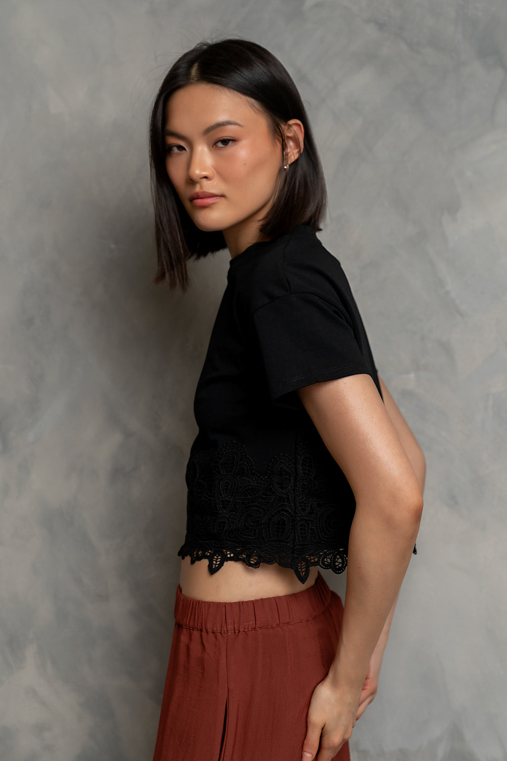 Karen Lace Trim Top in Black