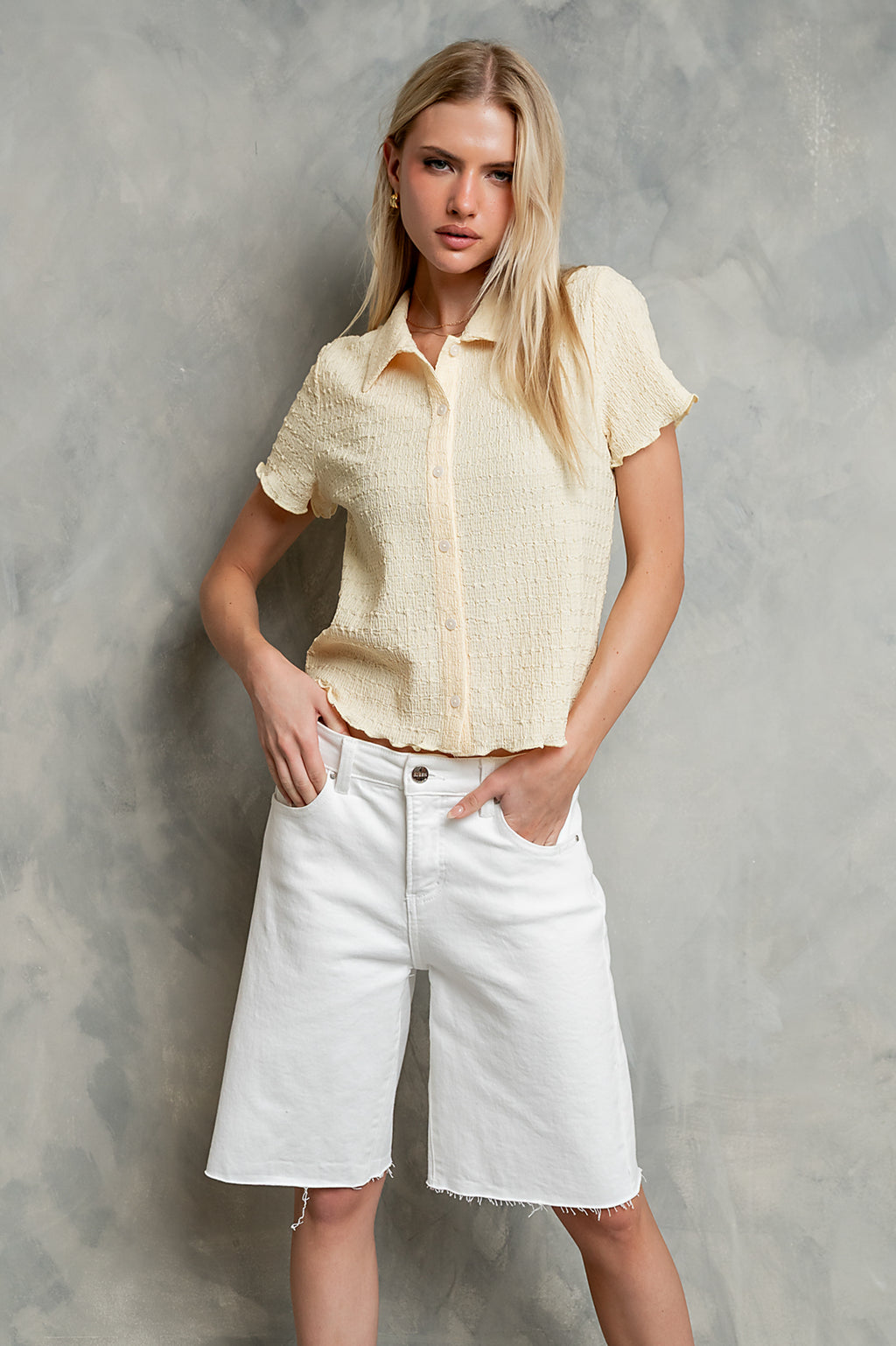 Velma Textured Button Up in Yellow