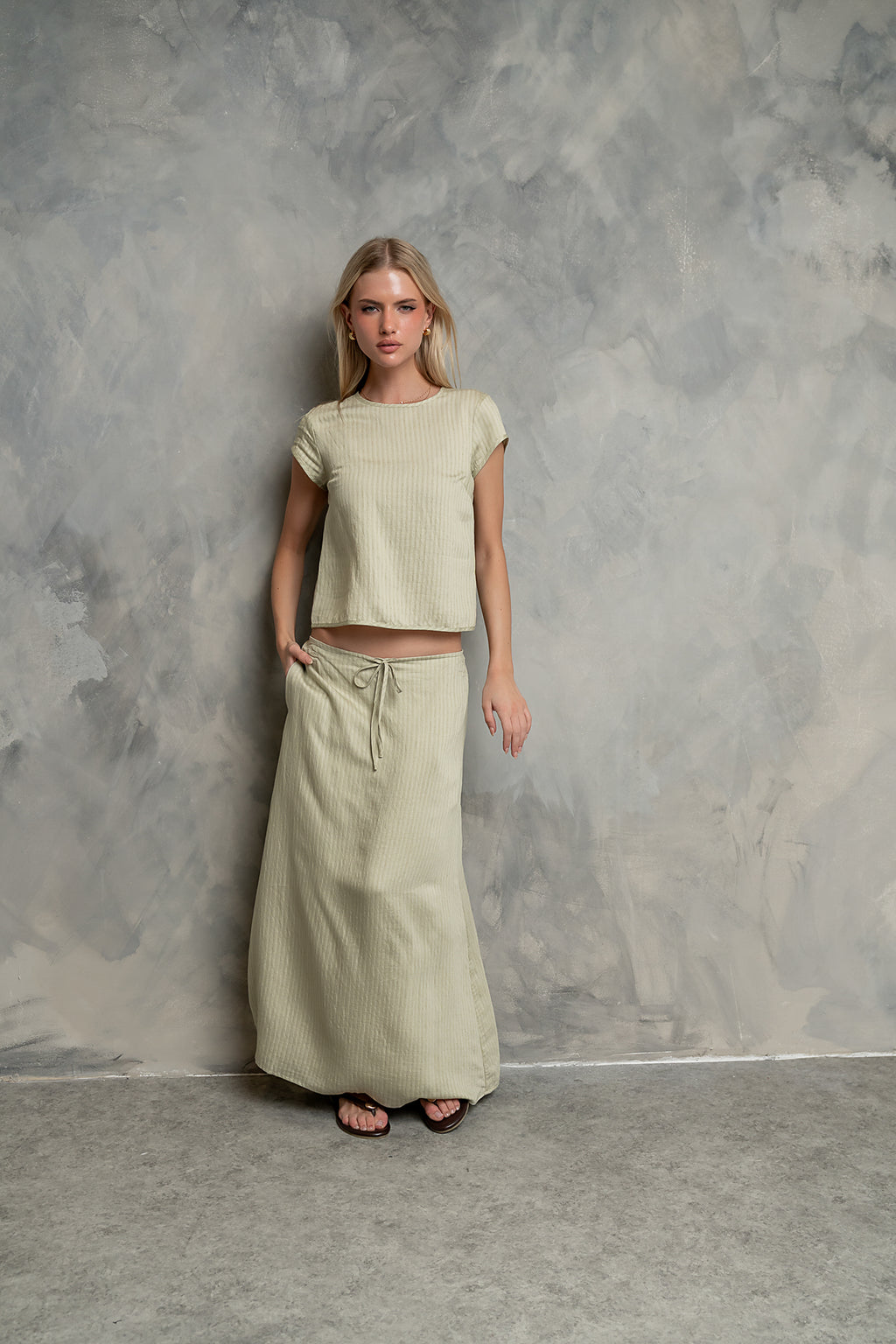 Polliana Textured Stripe Skirt in Green