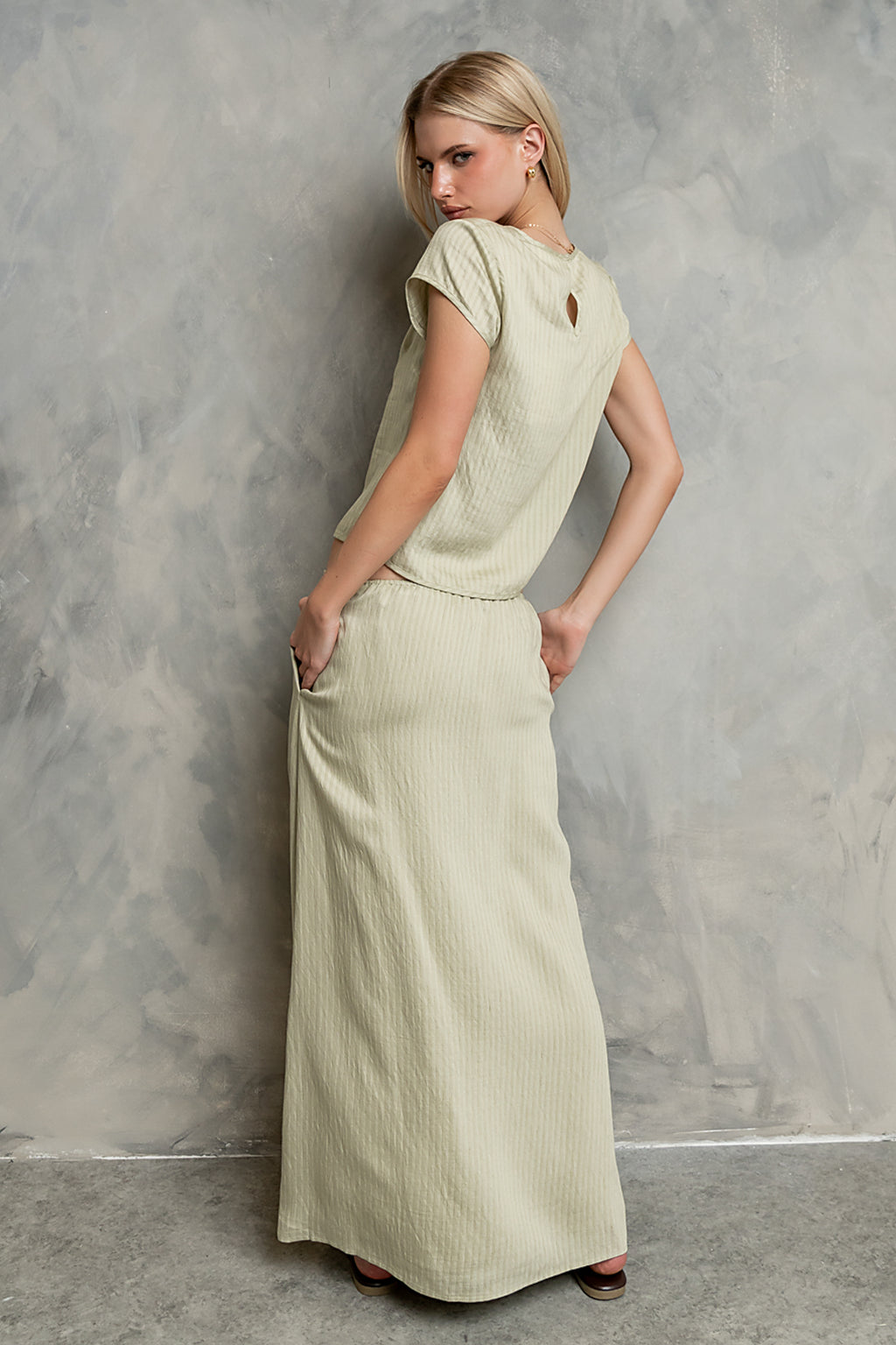 Polliana Textured Stripe Skirt in Green