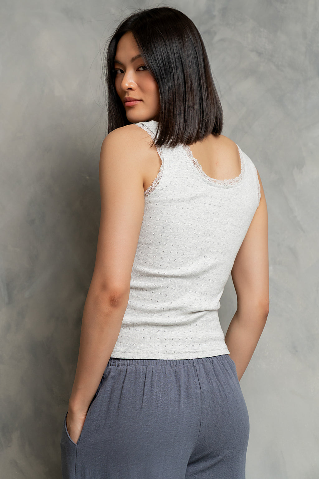 Mackie Lace Trim Tank in Heather Grey