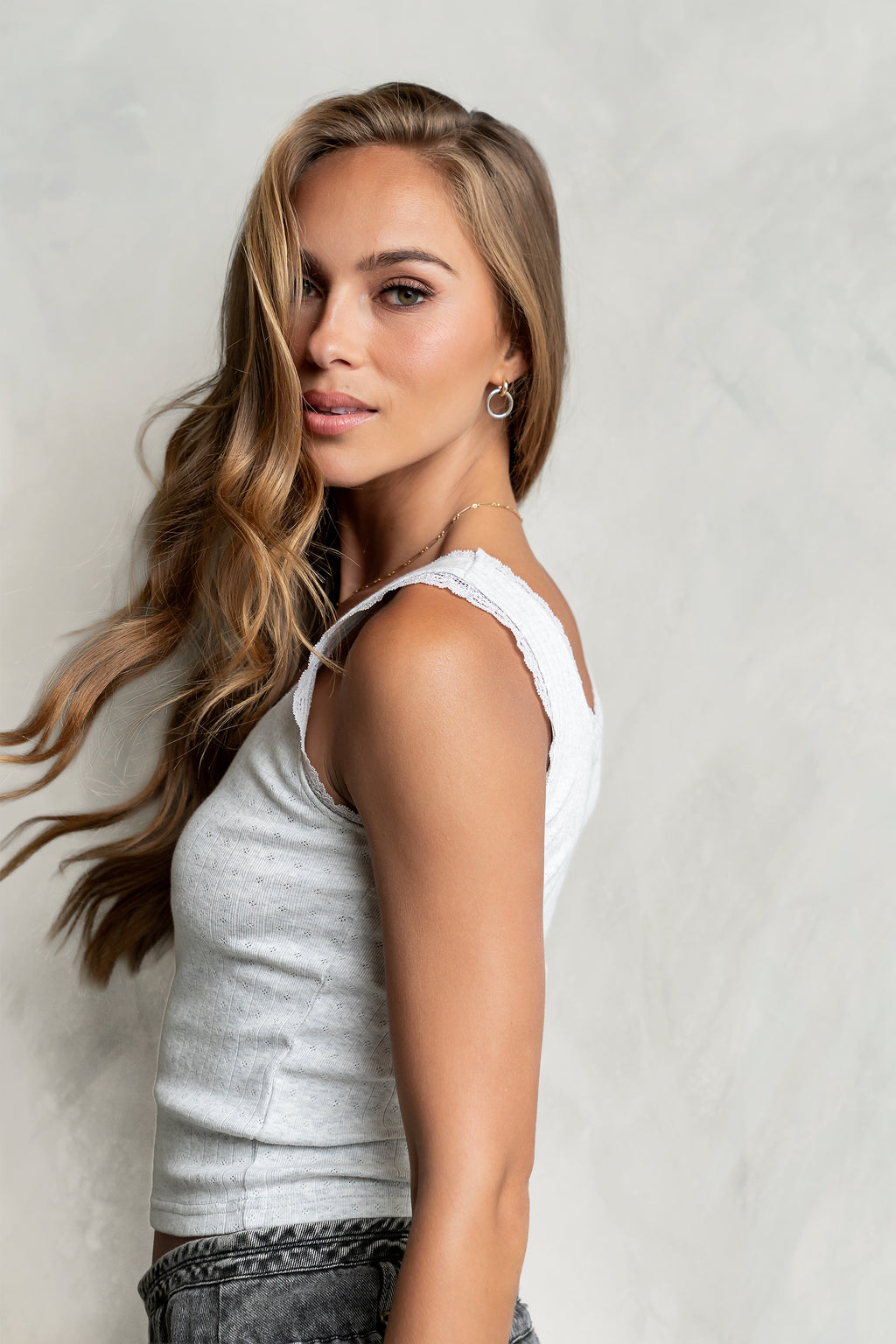 Mackie Lace Trim Tank in Heather Grey
