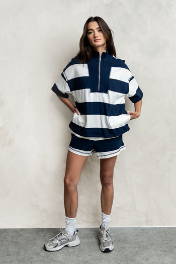 Farah Striped Quarter Zip Top in Navy