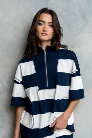 Farah Striped Quarter Zip Top in Navy