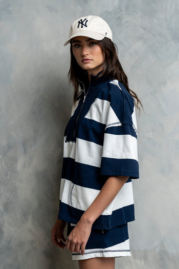 Farah Striped Quarter Zip Top in Navy