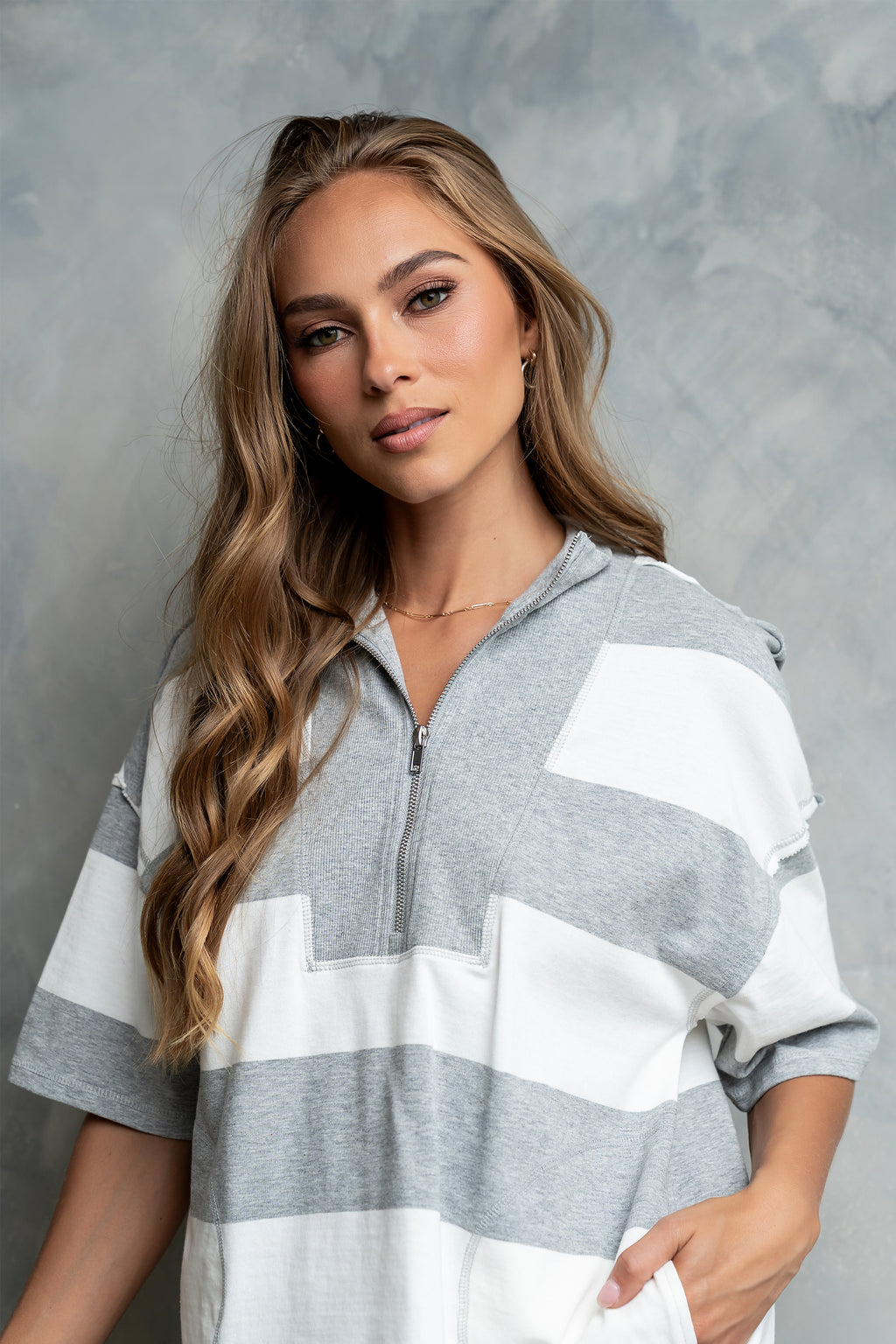 Farah Striped Quarter Zip Top in Grey